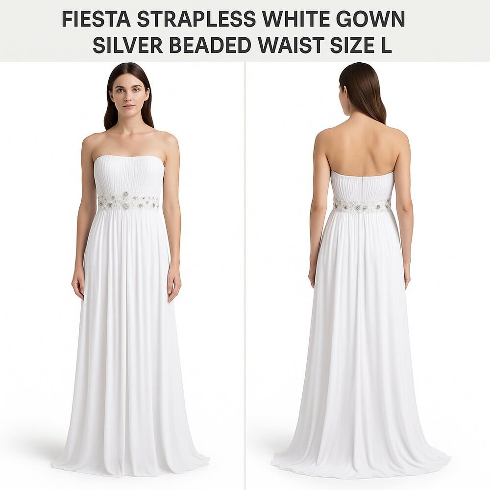 FIESTA Strapless White Gown Silver Beaded Waist Size L